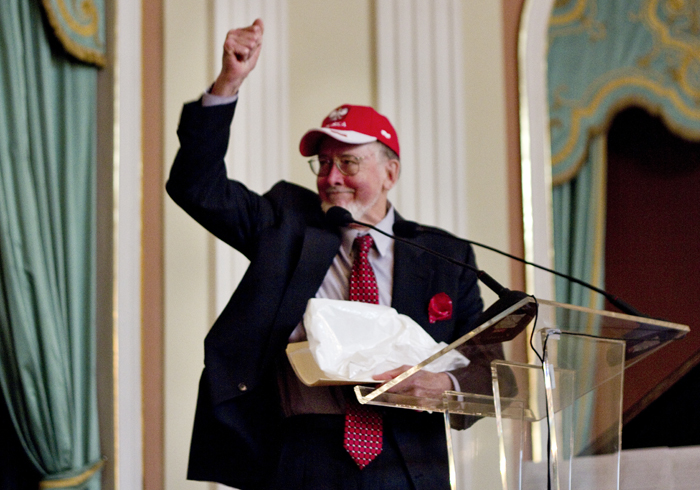 Sam Bryan, the son of legendary photographer Julien Bryan said that as an American he is very sorry for the words of President Obama about a Polish death camp. At the end of his speech he put a red and white cap and shouted "Go Poland".