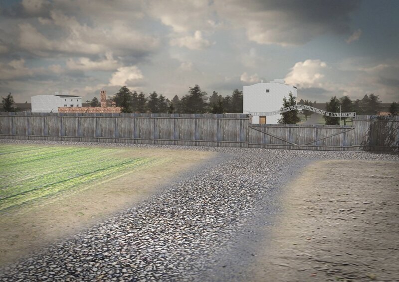 Reconstruction of the main gate at 27 Przemysłowa Street in Łódź (point “E”). Here transports of newly arrived prisoners entered the
premises of the camp (Multimedia map of the German labour camp for Polish children on Przemysłowa Street in Łódź/Institute of National
Remembrance, Łódź Branch).