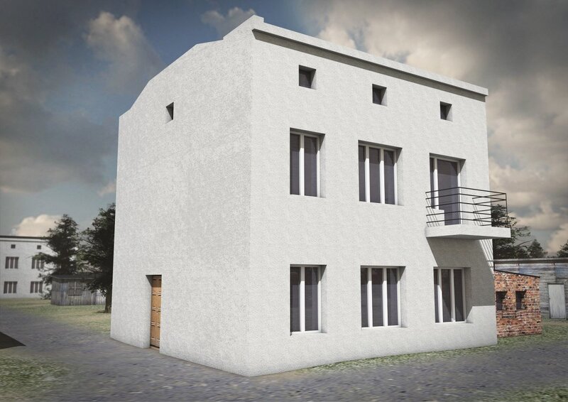 Reconstruction of the building of the camp commander’s office at 34 Przemysłowa Street in Łódź (point “31”). Behind it the
quartermaster’s building (point “28”) and the wooden trumpeter’s booth (point “29”) are visible (Multimedia map of the German labour
camp for Polish children on Przemysłowa Street in Łódź/Institute of National Remembrance, Łódź Branch).