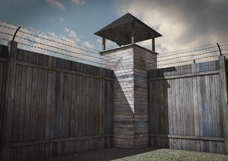 A reconstructed watchtower along with the fence (point “W”) (Multimedia map of the German labour camp for Polish children on
Przemysłowa Street in Łódź/Institute of National Remembrance, Łódź Branch)