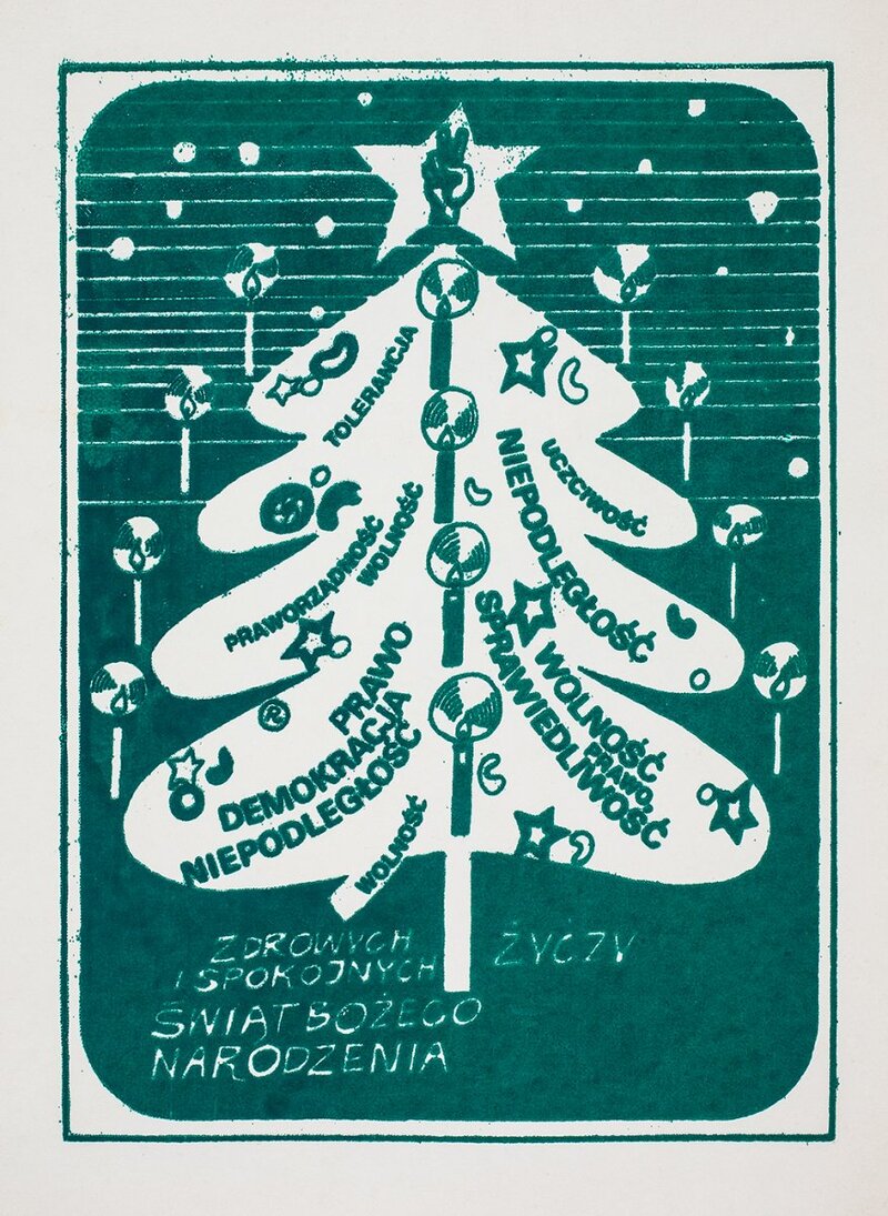 A Christmas card, created in 1984 at the latest, a donation made to the IPN Archive in Rzeszów by Andrzej Szall on behalf of the Podkarpacie Region NSZZ "Solidarność" Branch in Sanok