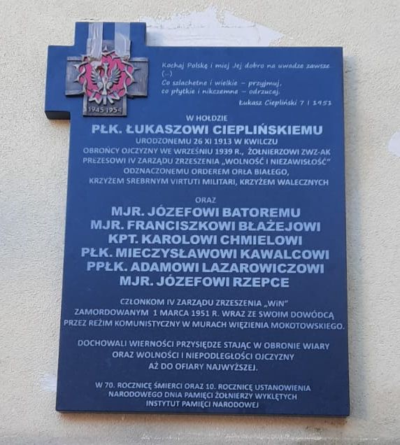 The plaque commemorating Col. Łukasz Ciepliński and members of the 4th Main Board "WiN"