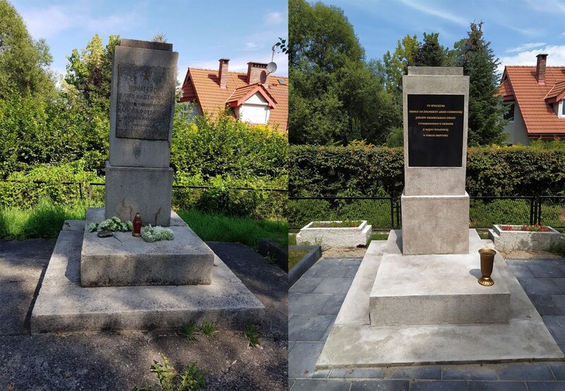 The memorial to Soviet POWs from the Skotniki camp in Cracow, before and after renovation