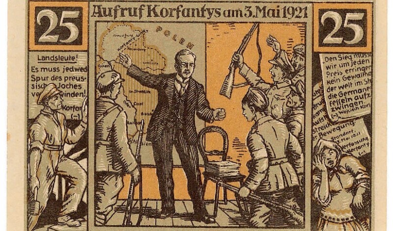 Wojciech Korfanty pointing to the Korfanty Line, demarcating the area where the majority of the municipality inhabitants voted for Poland in the plebiscite. Engraving of Stanisław Ligoń on a provisional banknote Wojciech Korfanty pointing to the Korfanty Line, demarcating the area where the majority of the municipality inhabitants voted for Poland in the plebiscite. Engraving of Stanisław Ligoń on a provisional banknote