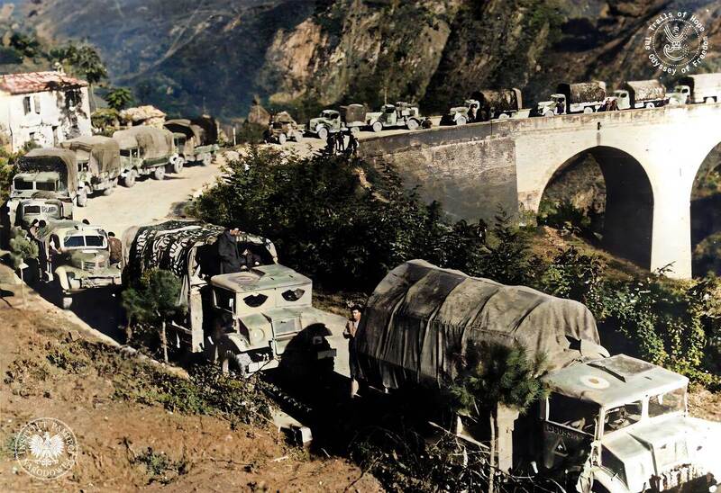 A column of cars of the 2nd Armoured Brigade in the Apennines, 1944 (photo: NAC)